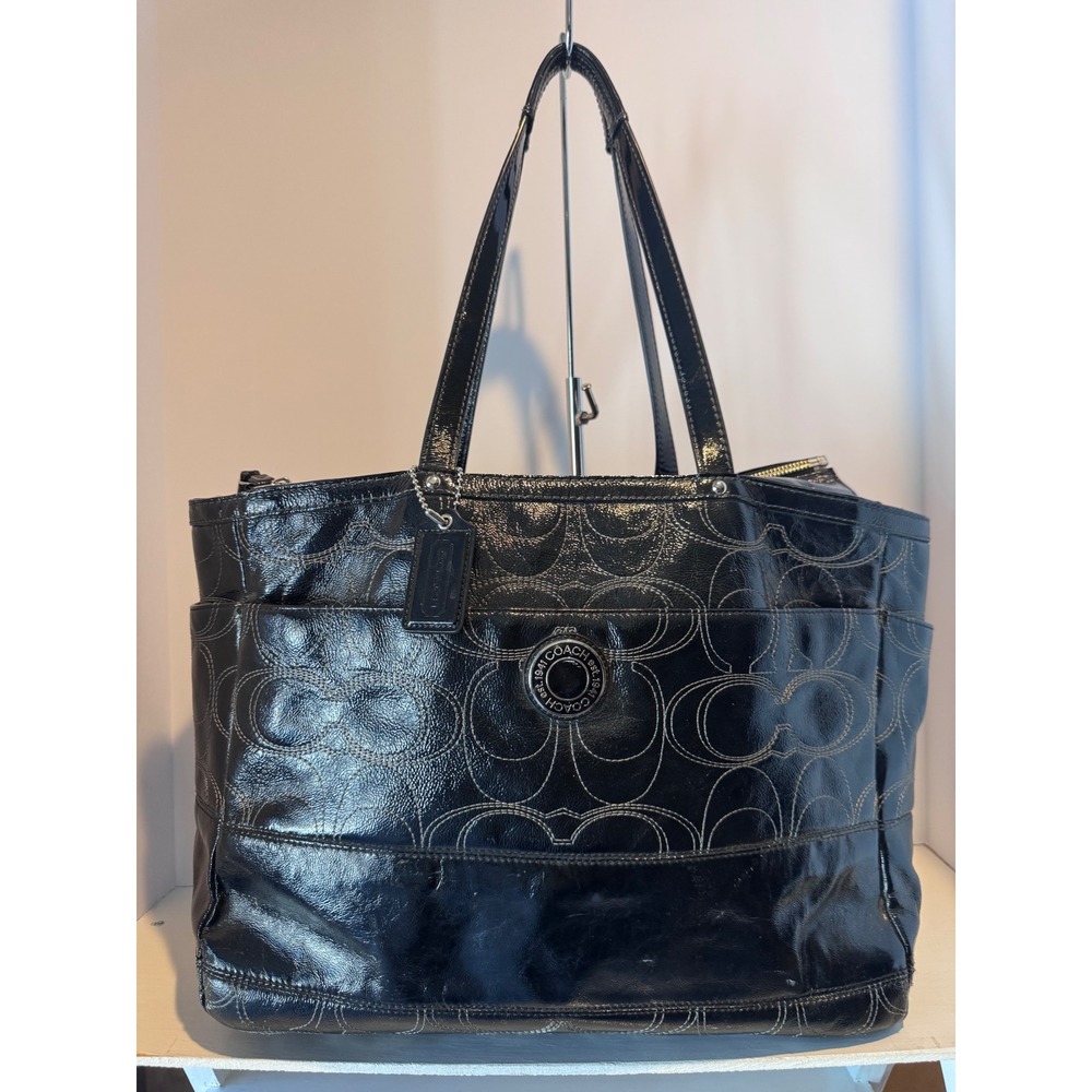 Coach Poppy Signature Tote Black Patent Leather Embroidered Shoulder‎ Bag Large